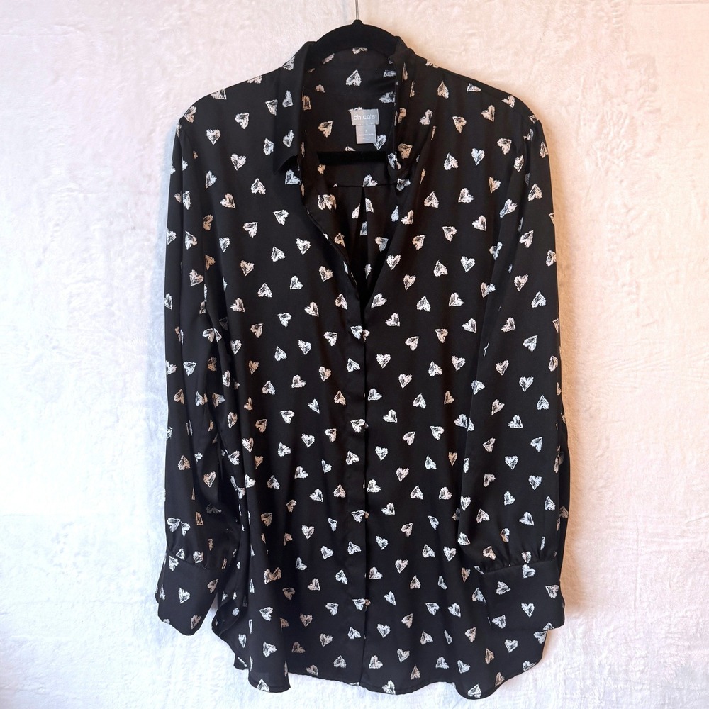 Chicos Black White Heart Print Button Down Blouse Shirt Womens Size 3‎ XL 16 18